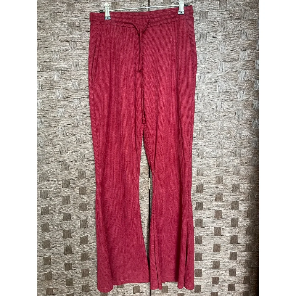 Frolitre Burgundy Waffle Knit Lounge Set Size M Wide Leg Matching Set